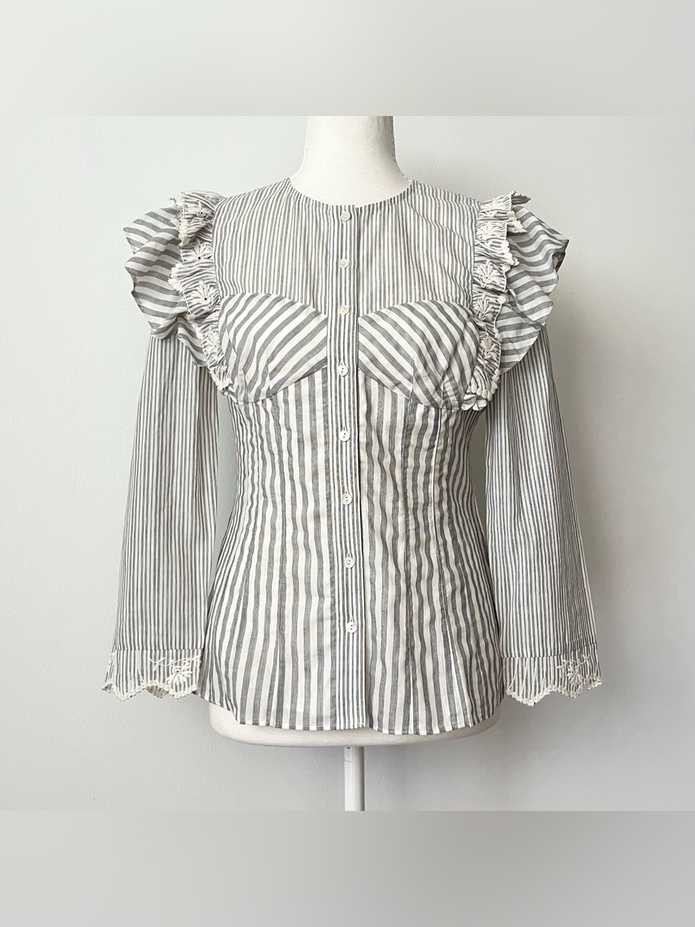 NWT Rebecca Taylor Women's Blouse Size 0 Ruffles Embroidery Cotton Linen $375